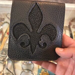 Black Leather Wallet with Fleur-de-Lis Design